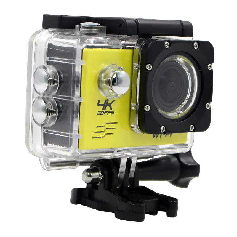 Action camera with yellow front panel and clear side panel on a white background
