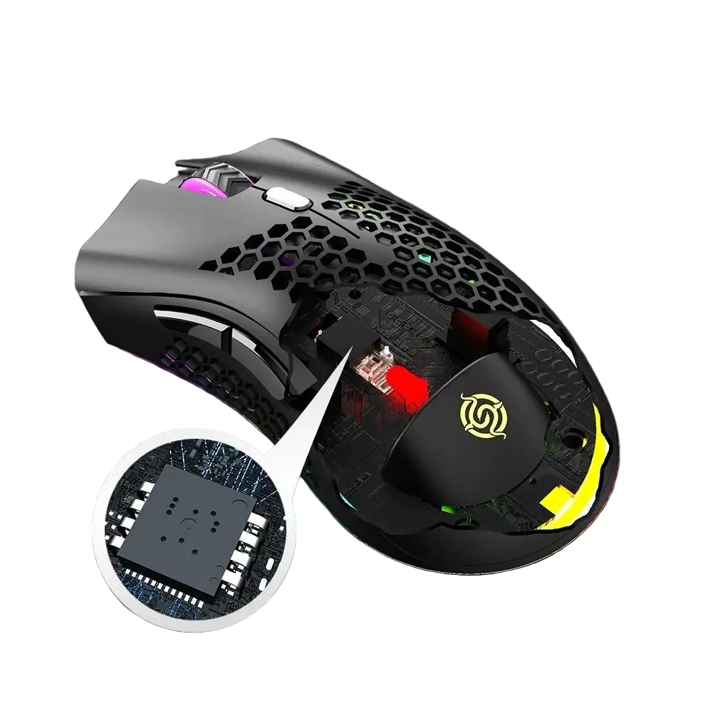 Gaming mouse with hard core custom chip and flagship optical sensor on a dark background