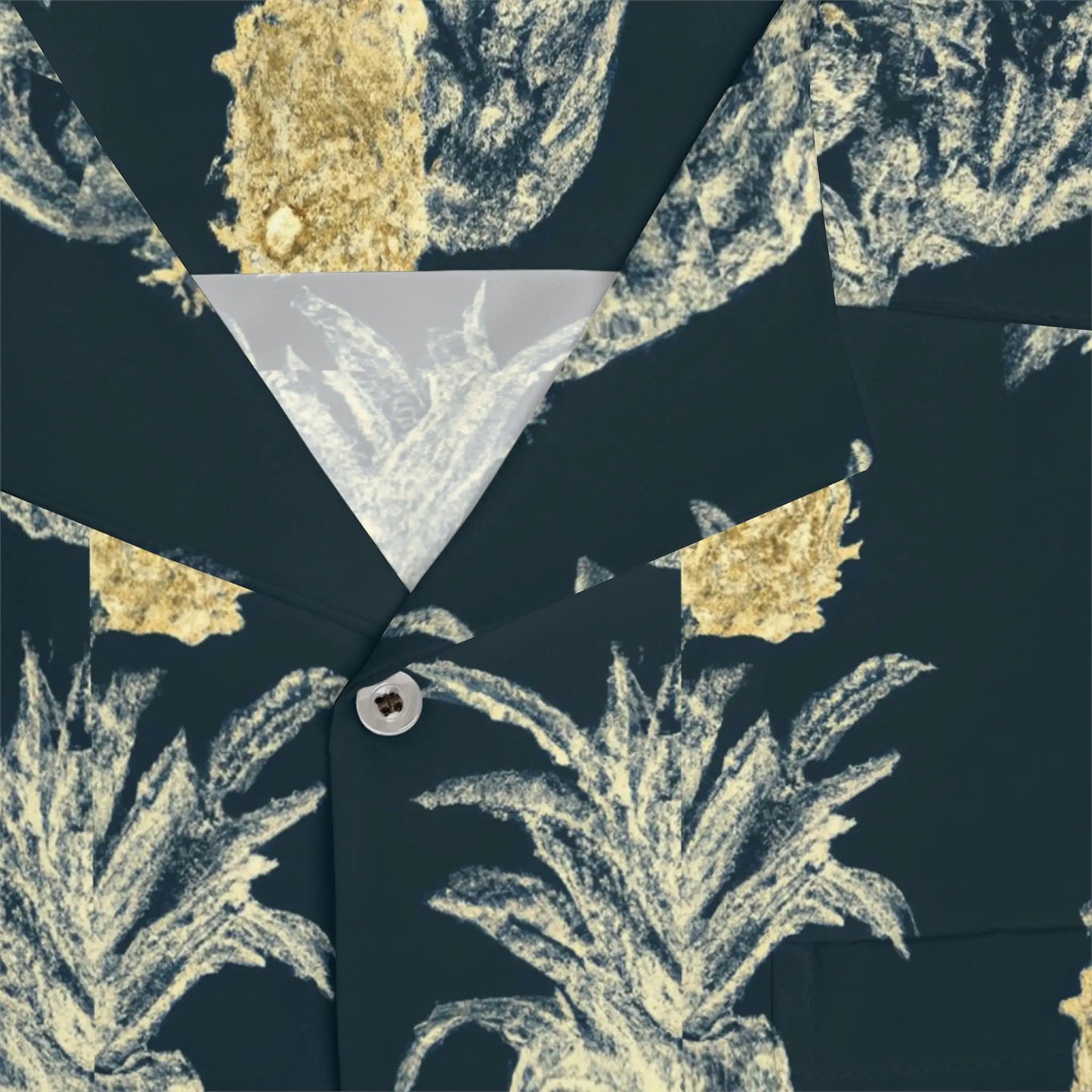 Navy blue shirt with gold and white pineapple pattern