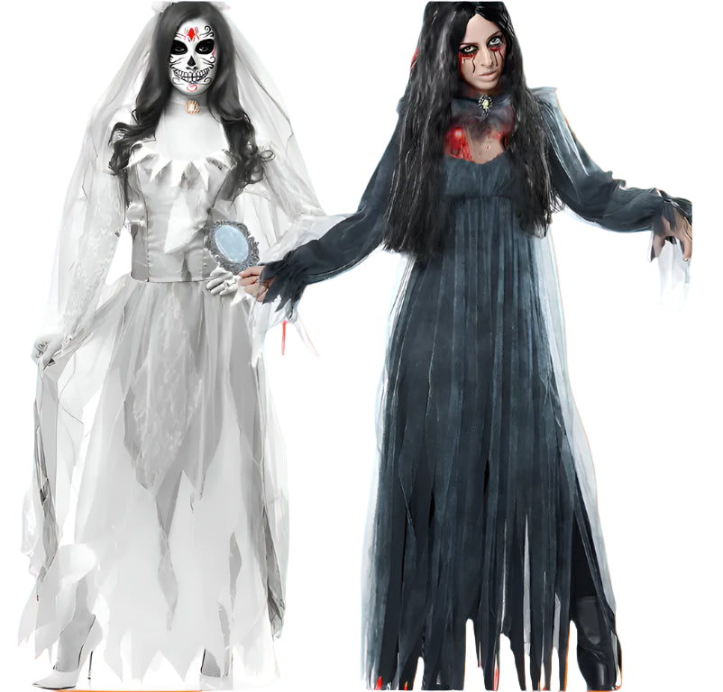 Two ghostly figures in Halloween costumes on a white background