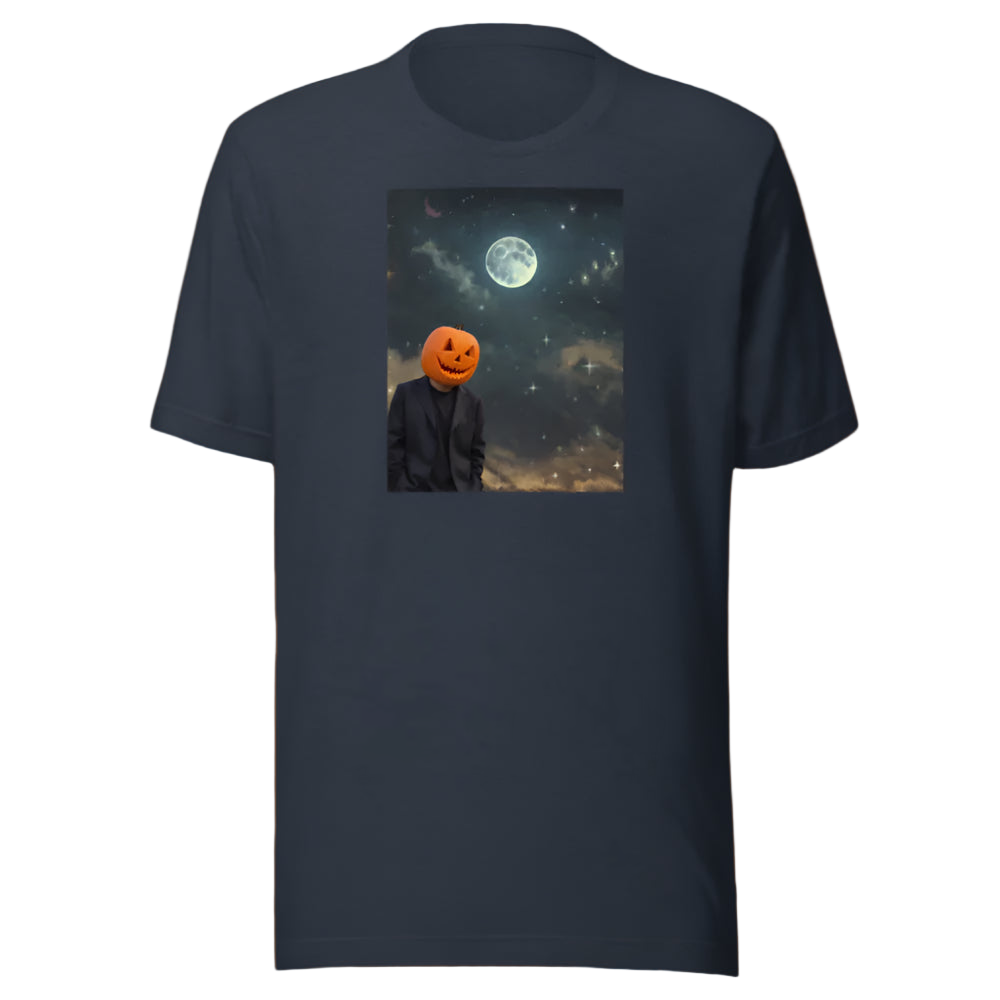 Black t-shirt with a graphic of a person wearing an orange pumpkin head against a night sky with a moon.