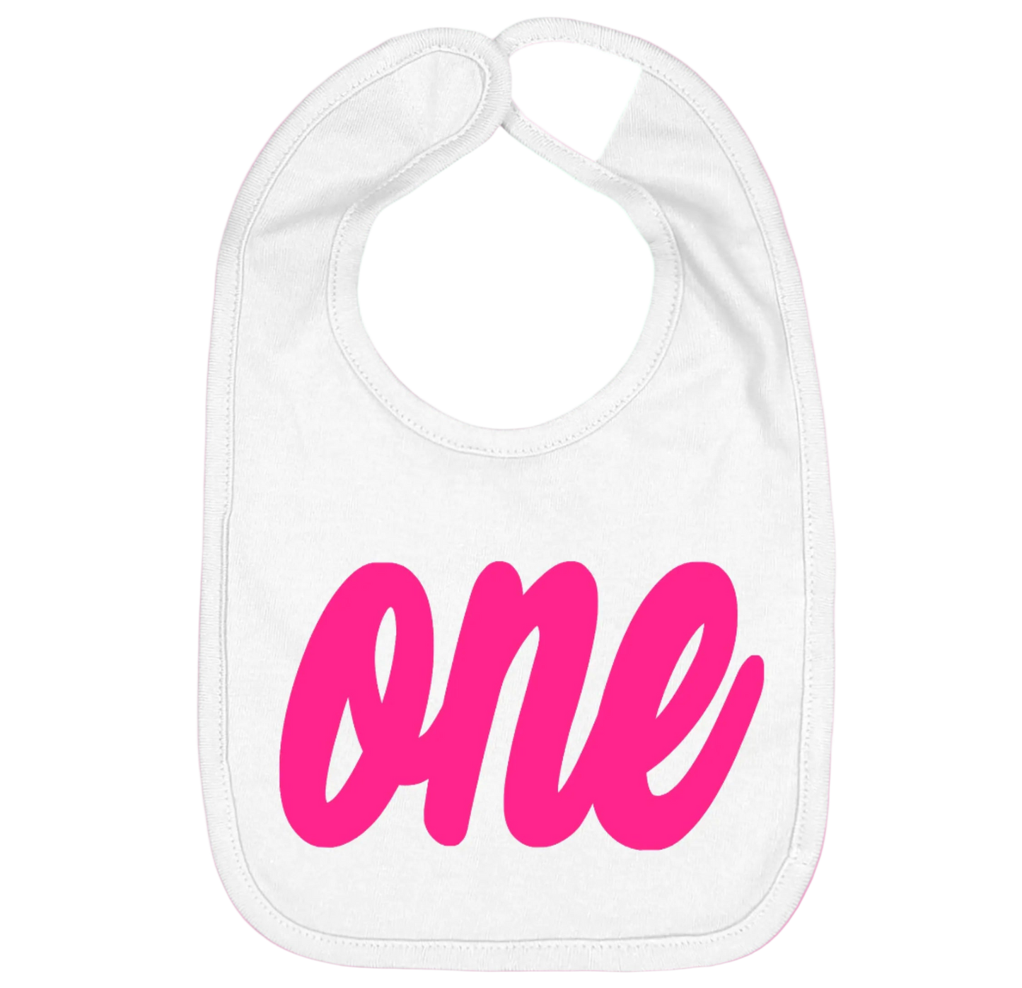 White baby bib with pink 'one' text on a white background