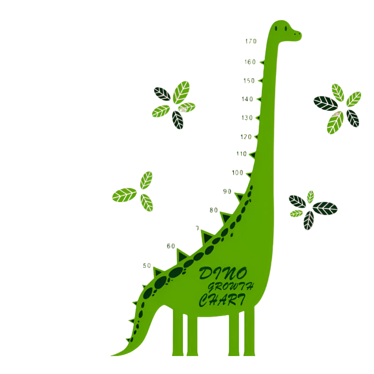 Green dinosaur growth chart with leaves on a white wall in a room with a couch and toys.
