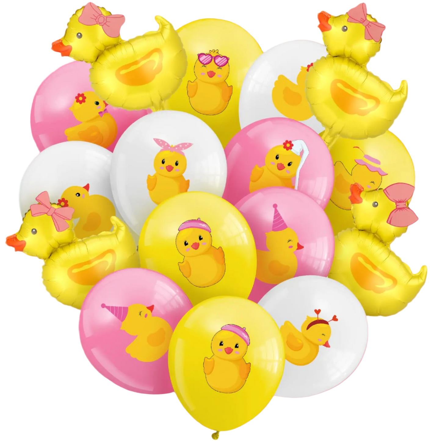 Balloons with duck designs on a white background
