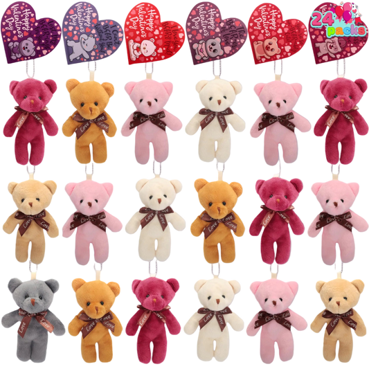 Collection of small teddy bears with heart-shaped signs and ribbons in various colors.