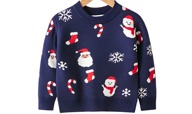 Navy blue sweater with Christmas-themed patterns on a hanger against a white background