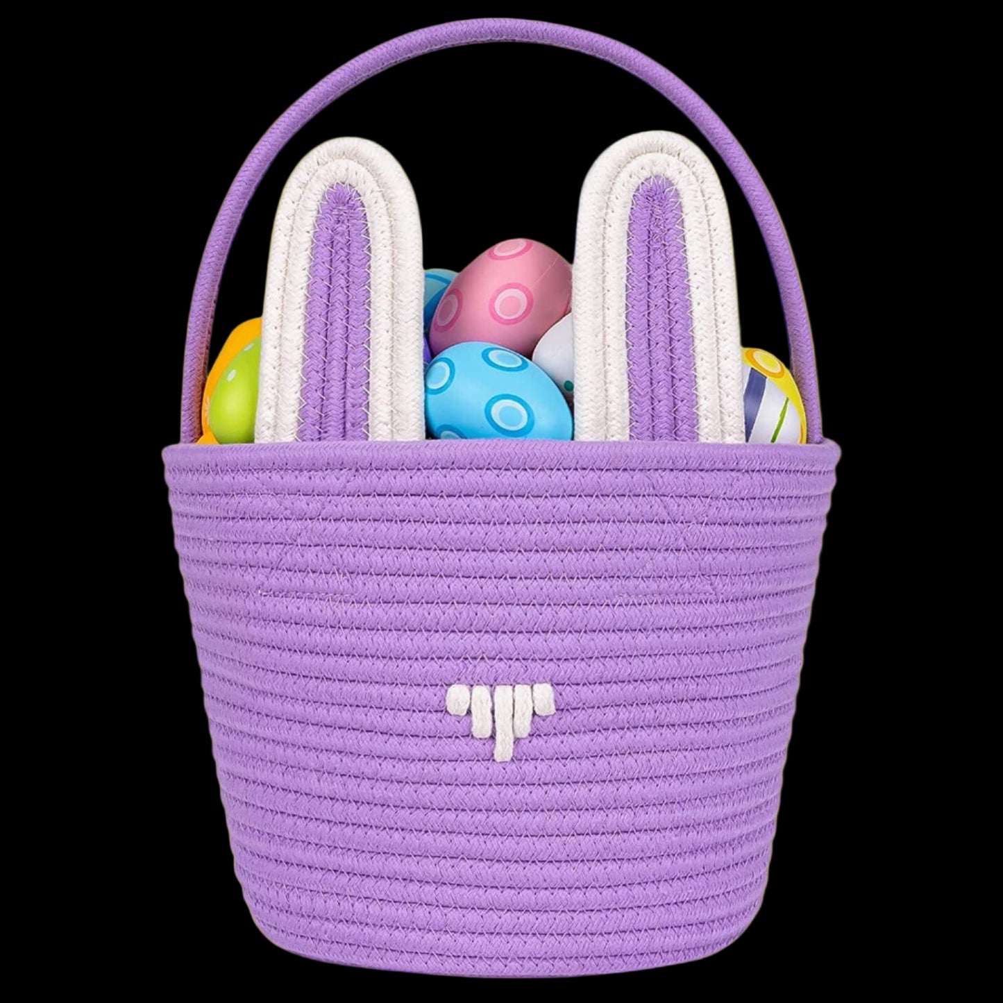 Purple woven Easter basket with colorful eggs on a white background