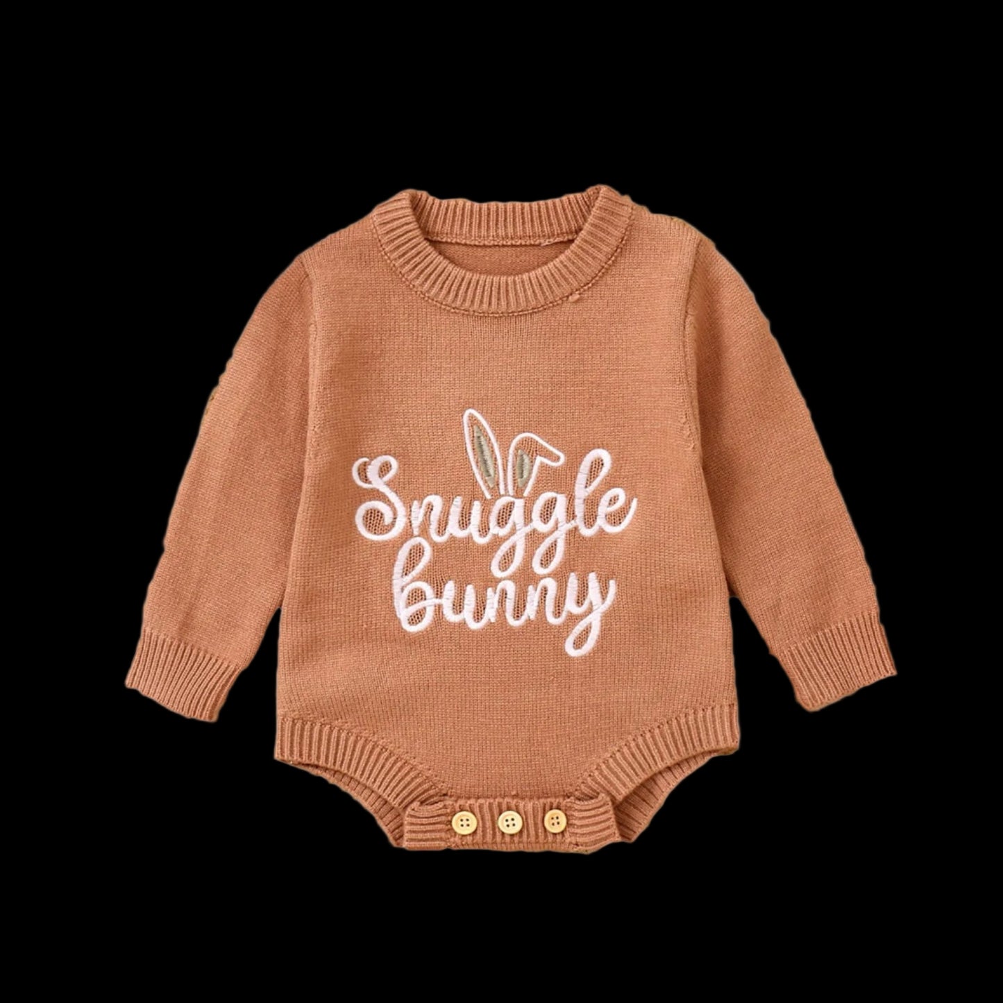 Brown baby onesie with 'Snuggle bunny' text on a white background