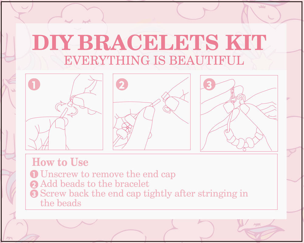 Instructions for using a DIY bracelets kit on a pink background