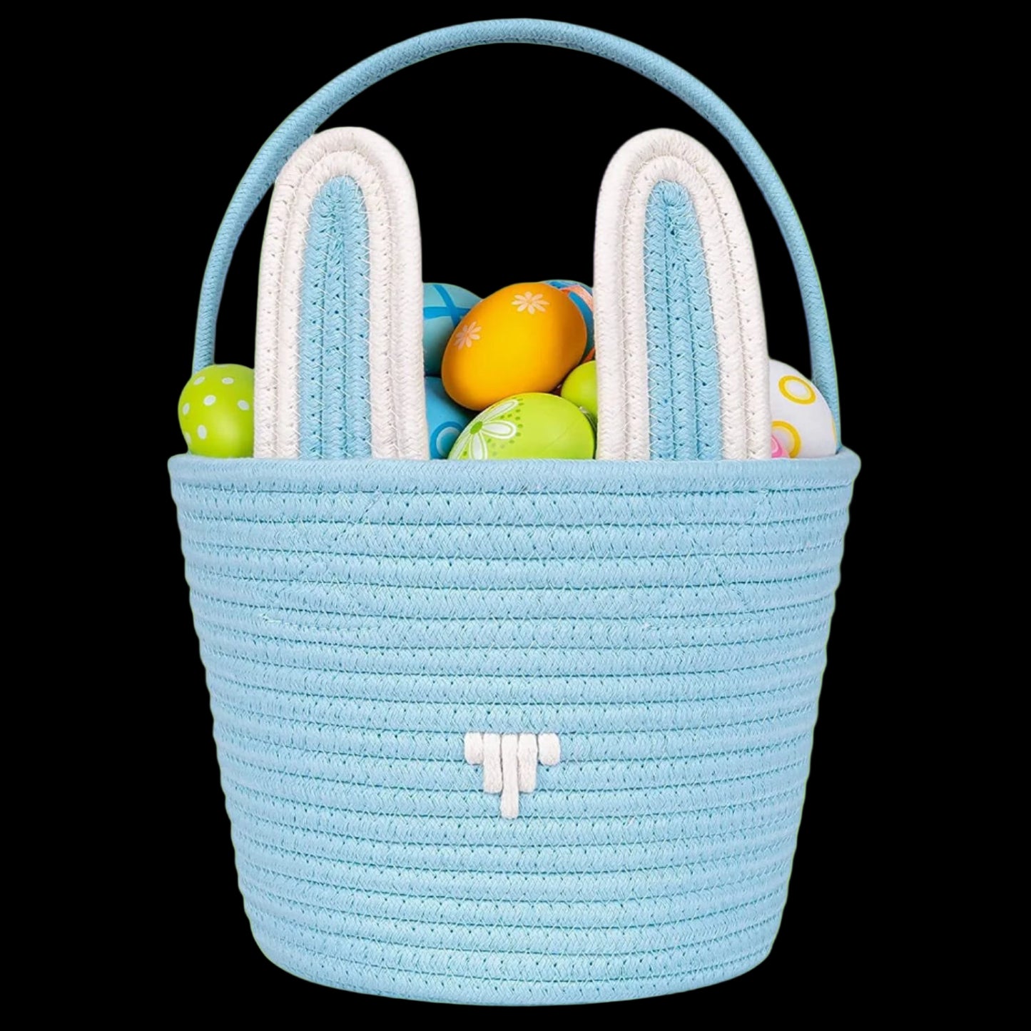 Blue woven Easter basket with colorful eggs on a white background