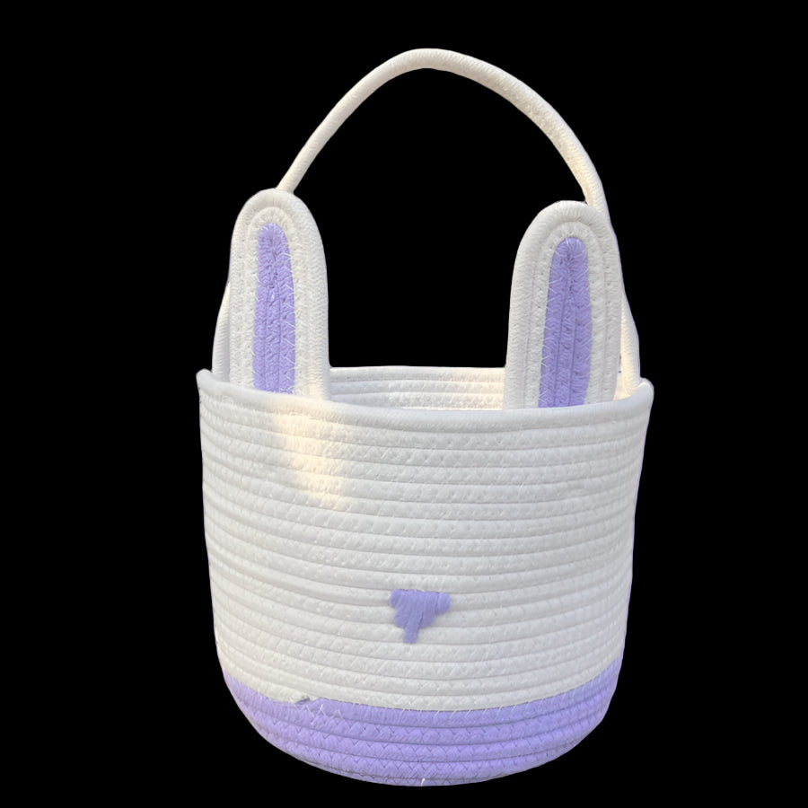 White woven basket with purple accents on a white background