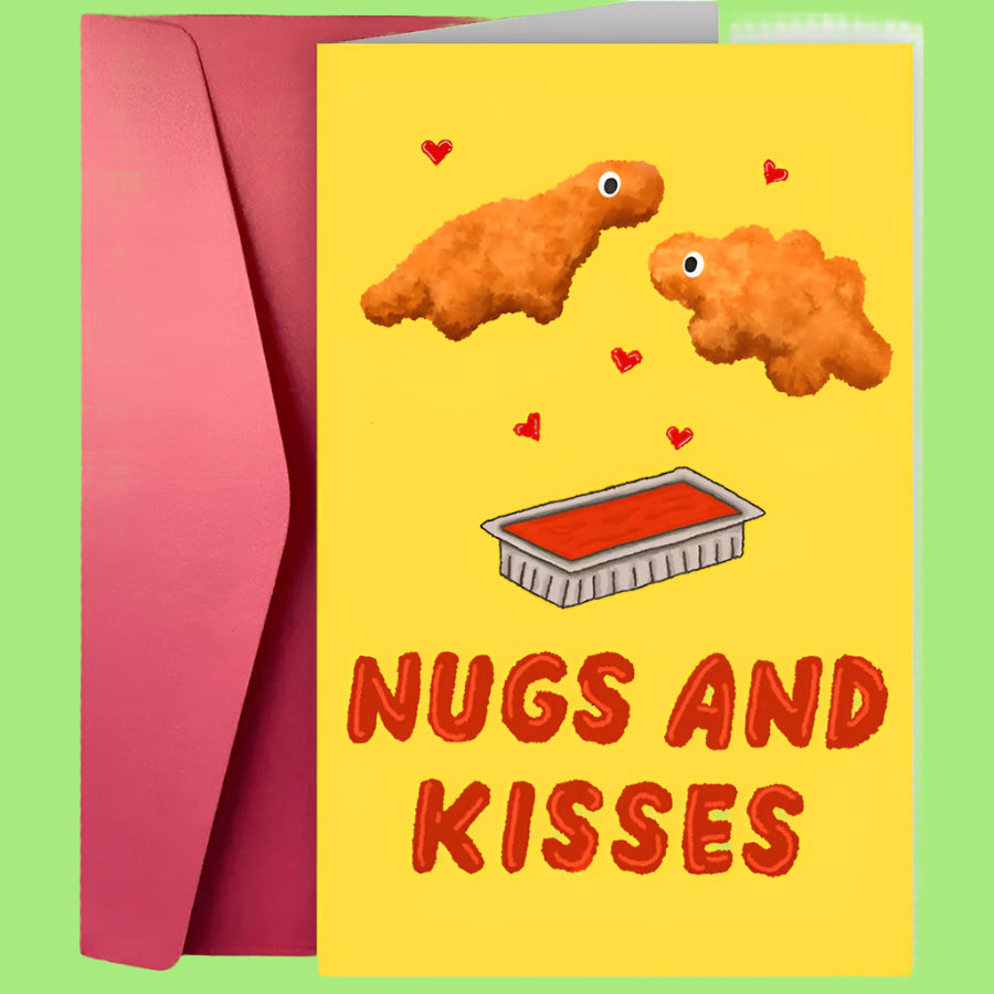 Card with chicken nuggets and ketchup illustration on a yellow background with pink envelope.