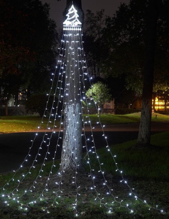 Tree decorated with string lights in a park at night