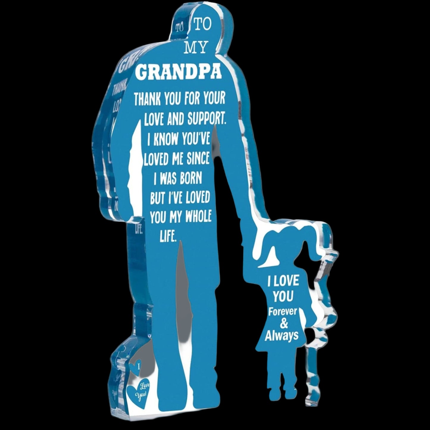 Blue silhouette of a man and child with heartfelt message on a white background
