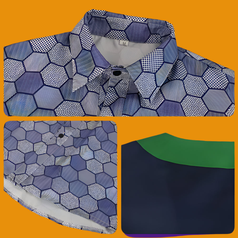 Collage of a blue geometric patterned shirt with close-up details on a white background.