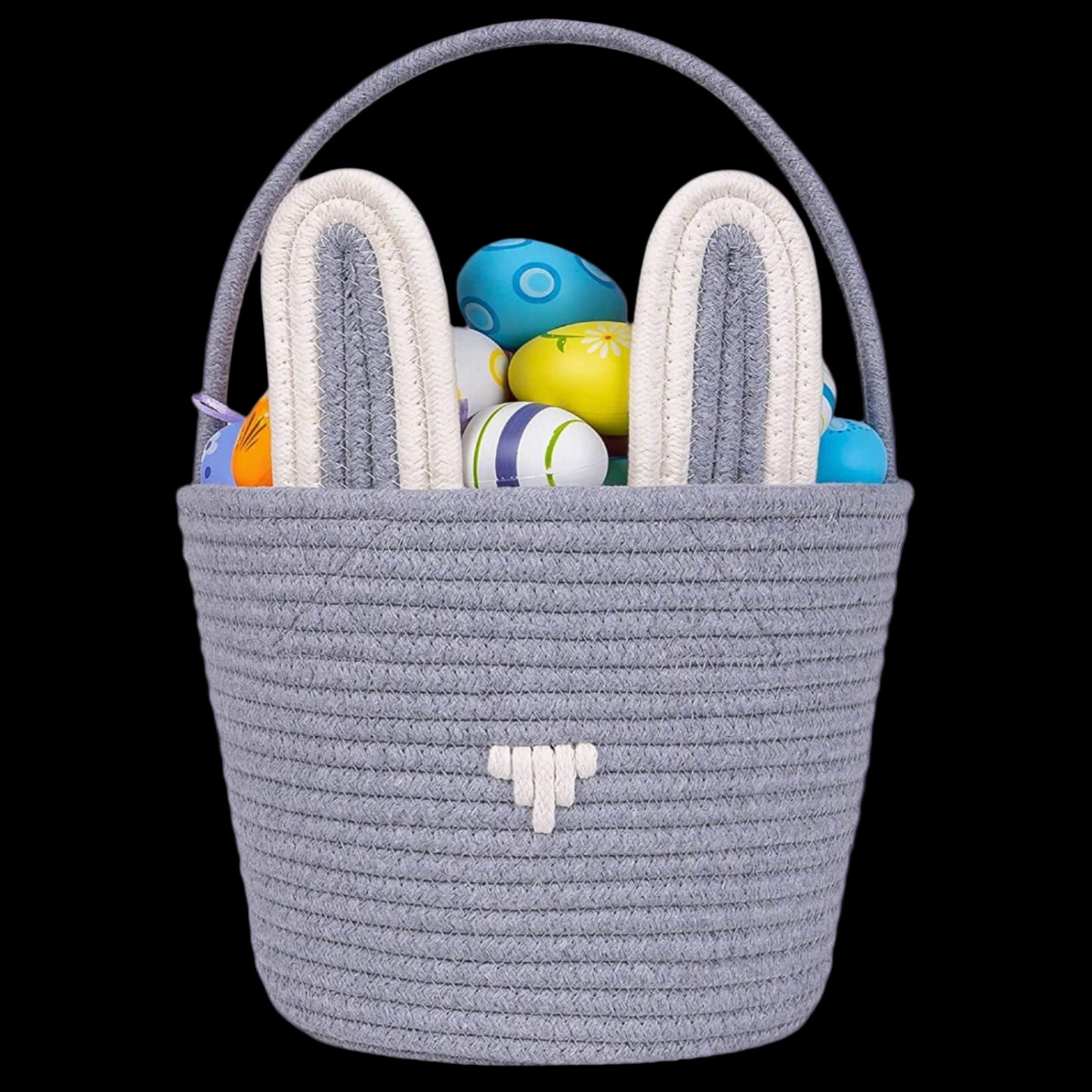 Gray woven Easter basket with colorful eggs on a white background