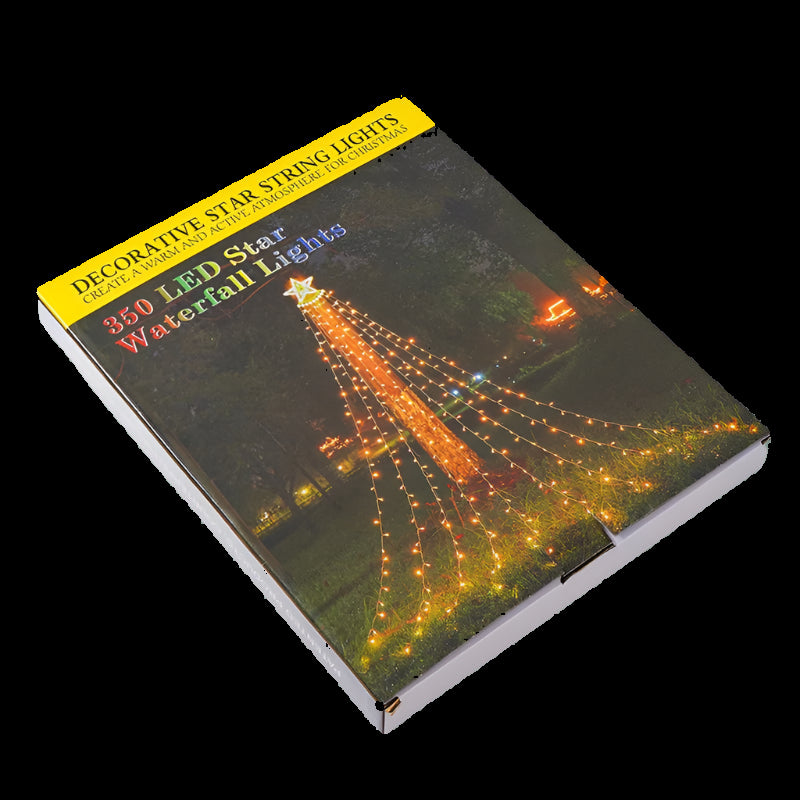 Box of decorative star string lights with a scenic image on the cover