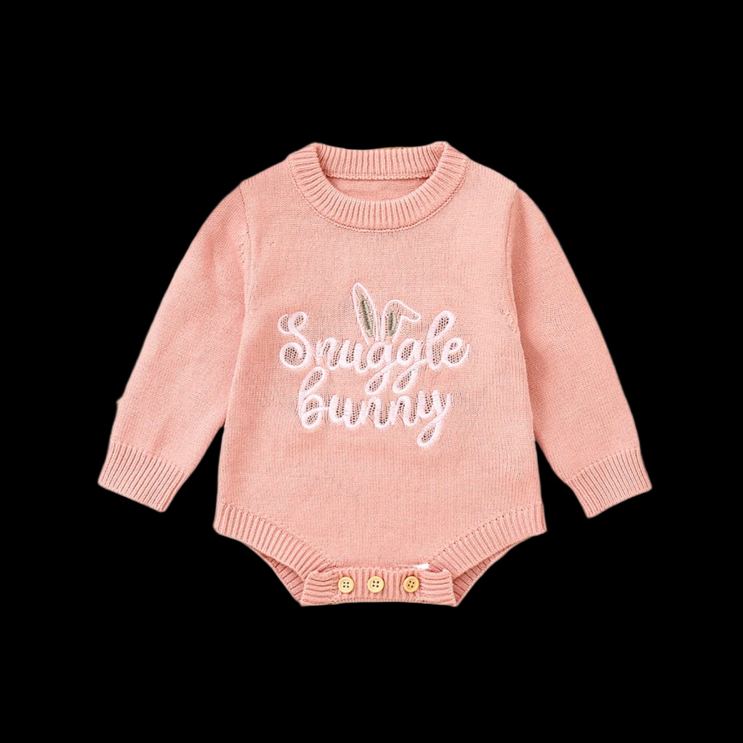 Pink baby romper with 'Snuggle bunny' text on a white background