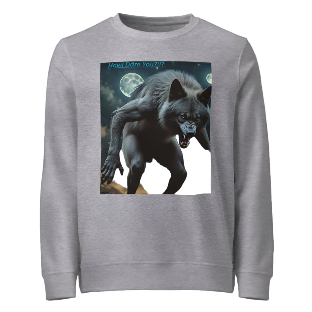 Gray sweatshirt with a graphic of a howling wolf on a white background