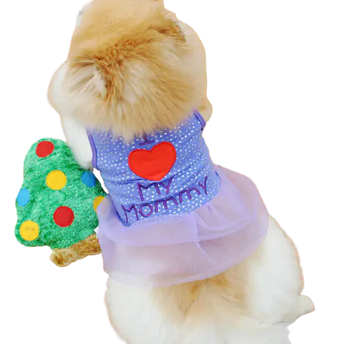Dog wearing a polka dot dress with a heart and text, standing on a wooden floor next to a colorful tree toy.