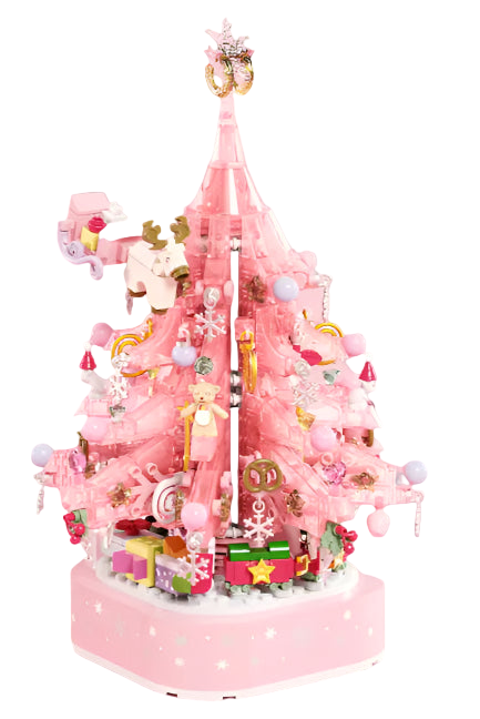Decorative pink Christmas tree with lights and ornaments on a pink background