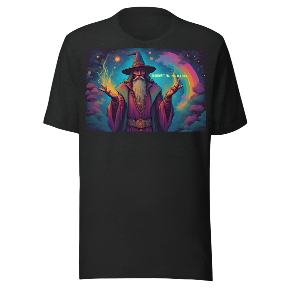 Black t-shirt with a colorful graphic of a wizard on a white background