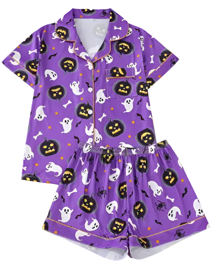 Purple Halloween-themed pajama set with ghosts, pumpkins, and bats on a white background.