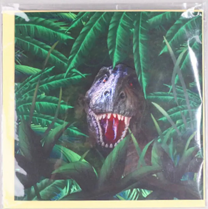 Dinosaur card with a green leafy background