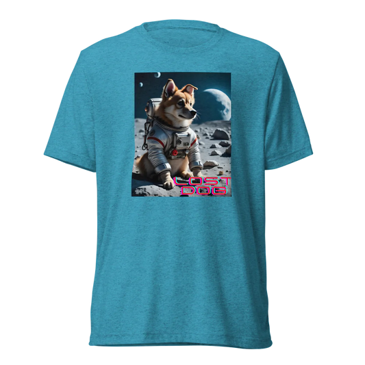 Blue t-shirt with a graphic of a dog in a space suit on the moon, labeled 'Lost Dog'.