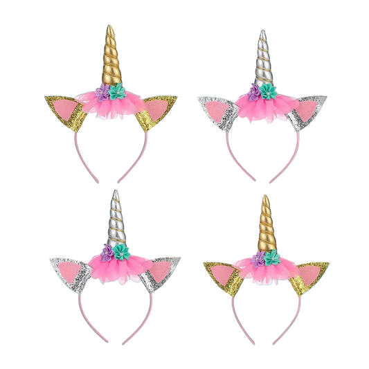 Four colorful unicorn headbands with decorative elements on a white background