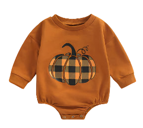 Orange baby romper with plaid pumpkin design on a white background