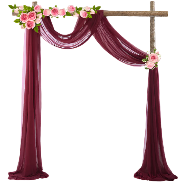 Decorative arch with burgundy curtains and pink flowers on a white background