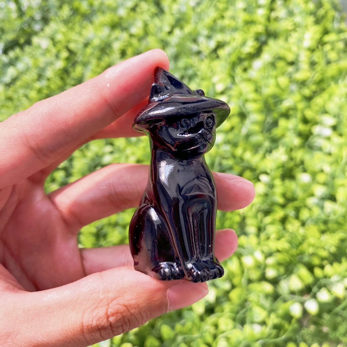 Obsidian Cat Witch Hat Statue - Lucky Girl Gifts