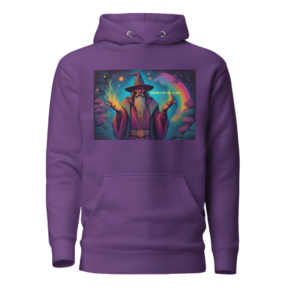 Purple hoodie with a wizard graphic on a white background