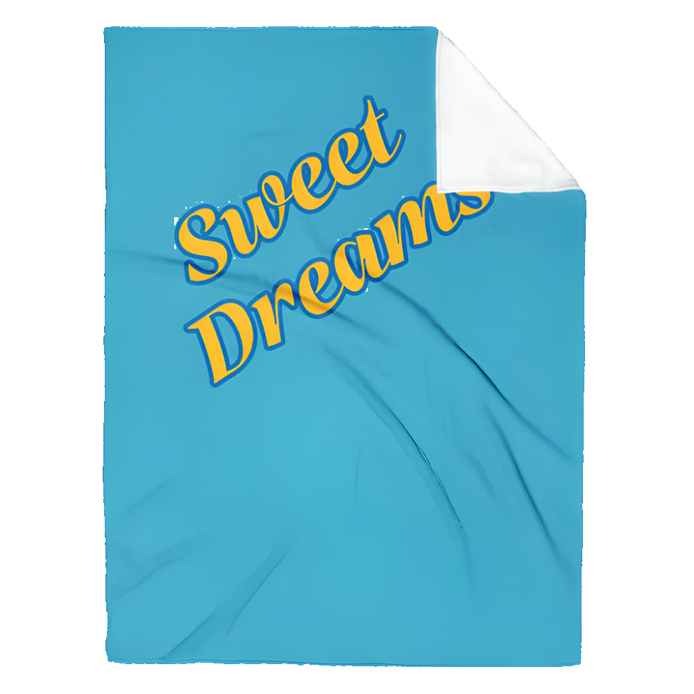 Blue blanket with 'Sweet Dreams' text in yellow on a white background
