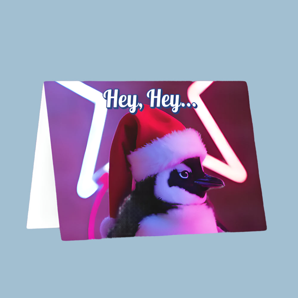 Card with a penguin wearing a Santa hat and 'Hey, Hey...' text on a purple background