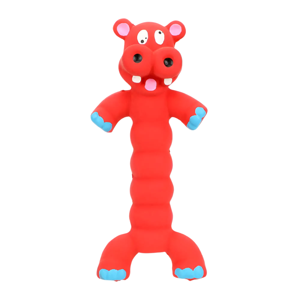 Red toy with a worm-like design on a white background