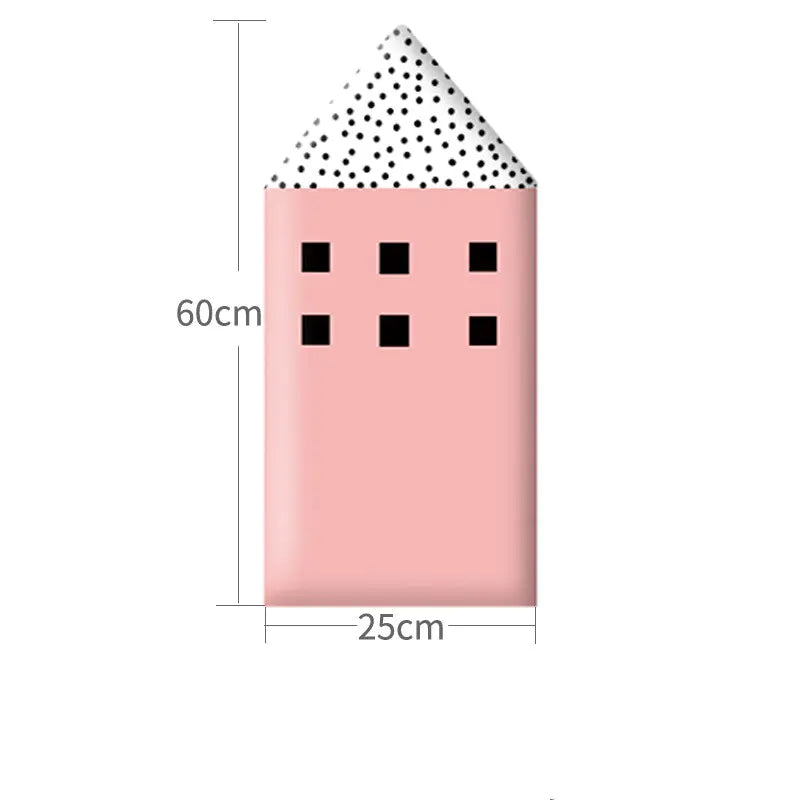 Rectangular pink product with black square patterns and a polka dot top, shown with measurements on a white background.