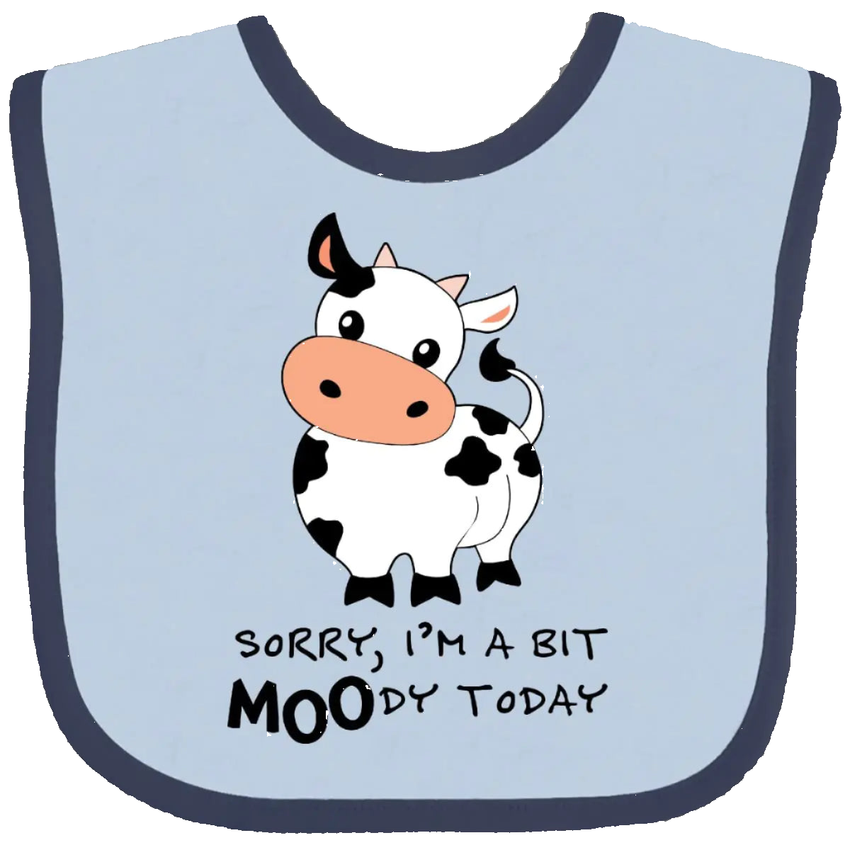 Bib with a cow illustration and text on a light blue background