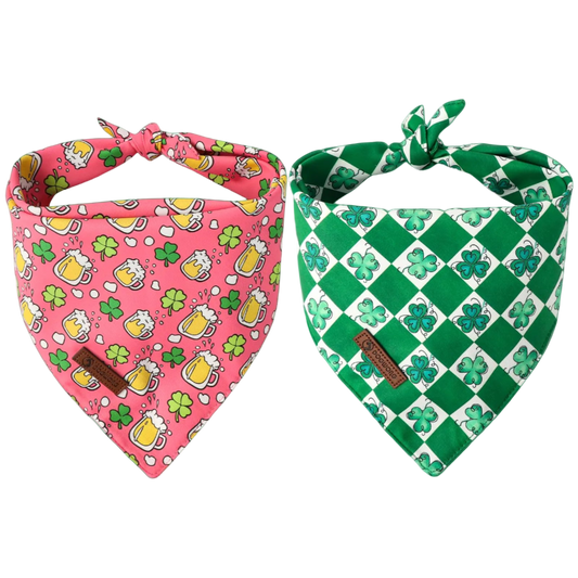 Two dog bandanas, one pink with beer and shamrock pattern, the other green checkered, on a white background.