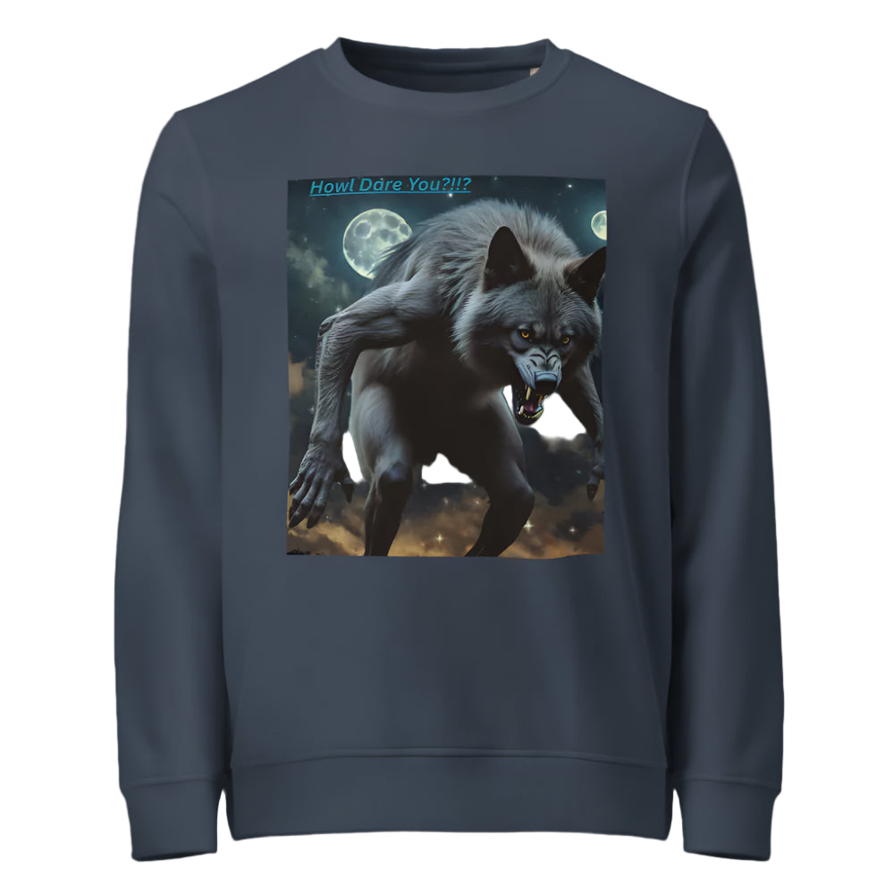 Navy blue sweatshirt with a graphic of a howling wolf and moon on a white background