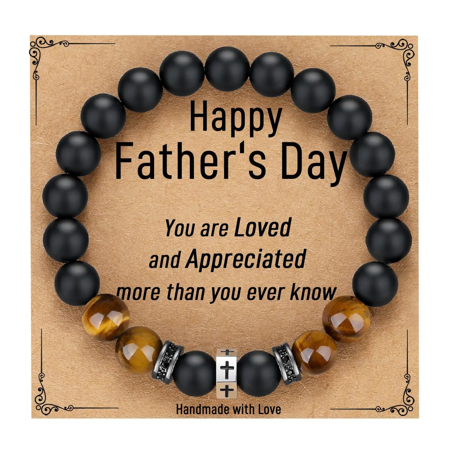 Black beaded bracelet with decorative elements on a 'Happy Father's Day' card.