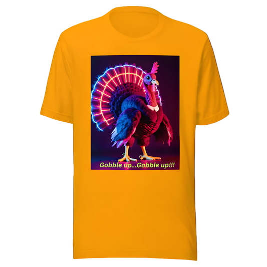 Yellow t-shirt with a colorful turkey graphic and text on a white background