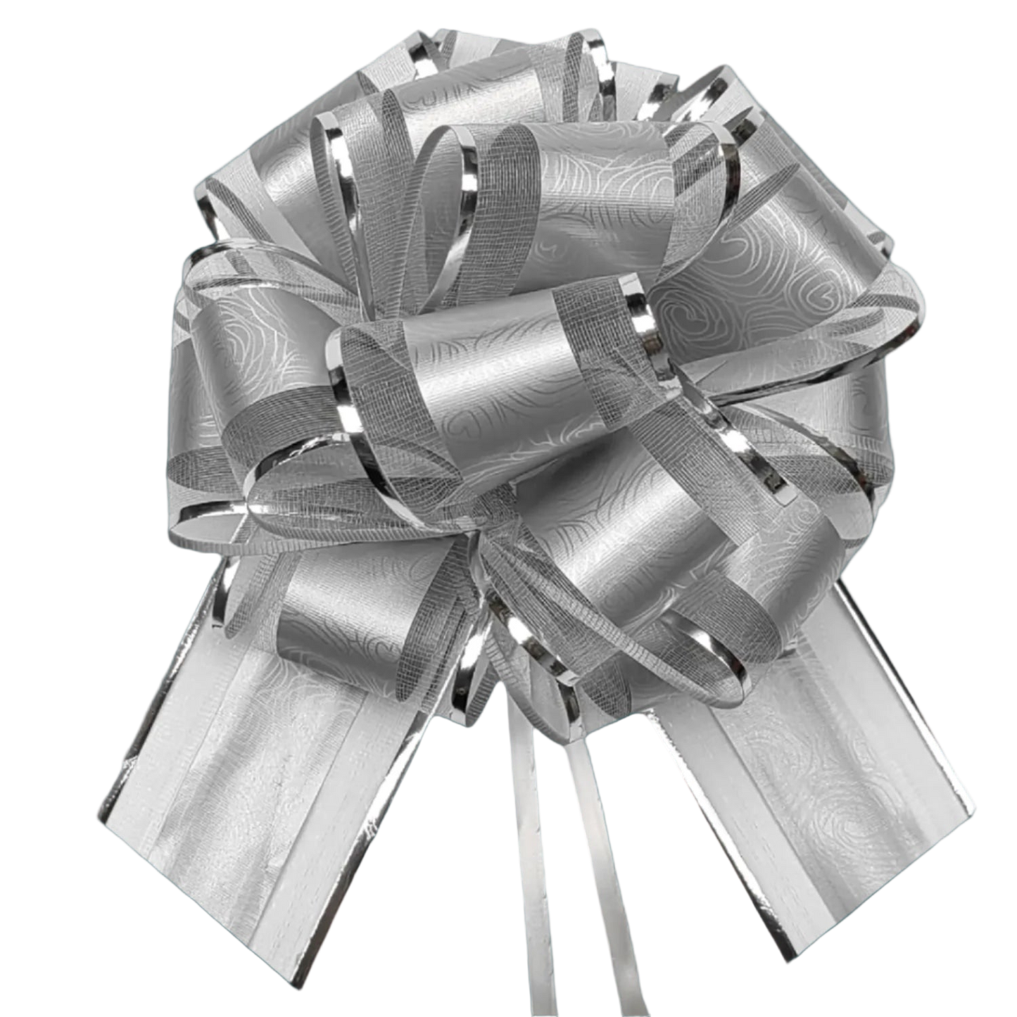 Silver decorative bow with intricate patterns on a white background