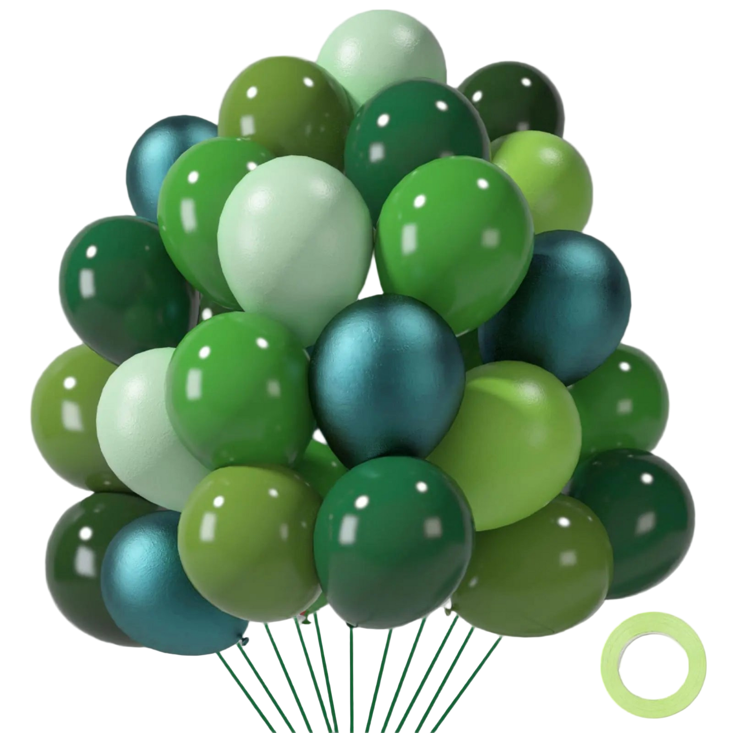 Bouquet of green and teal balloons on a white background