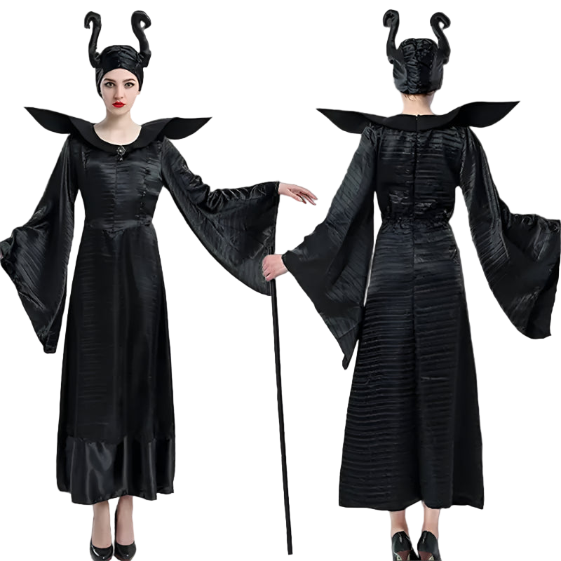 Black costume with horns and cape worn by a model on a white background