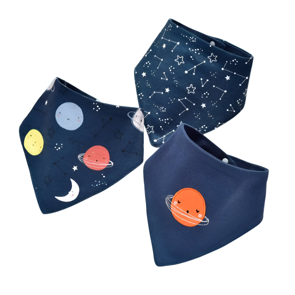 Three baby bibs with space-themed designs on a white background