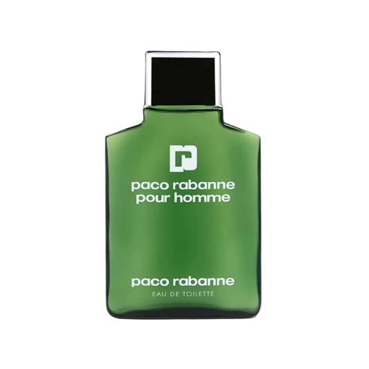 Green perfume bottle with 'Paco Rabanne' branding on a white background