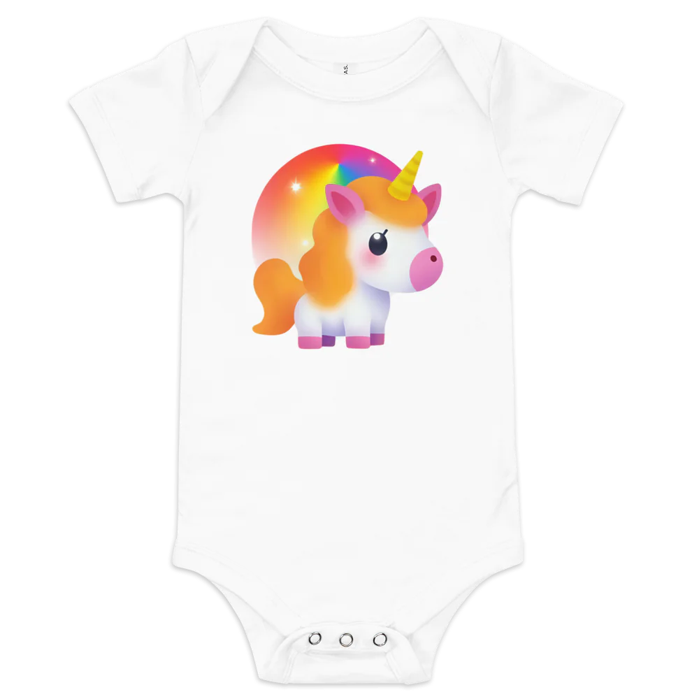 White baby onesie with a colorful unicorn design on a white background