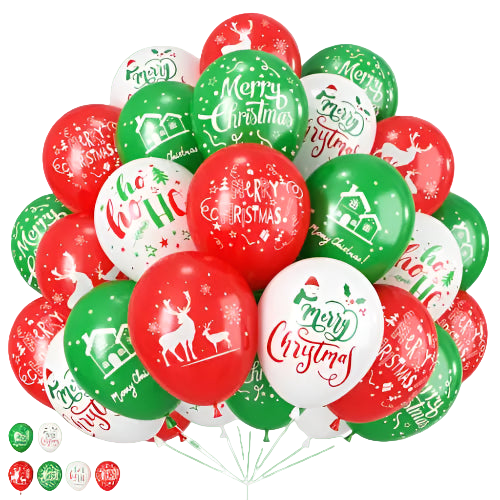 Collection of Christmas-themed balloons in red, green, and white on a white background